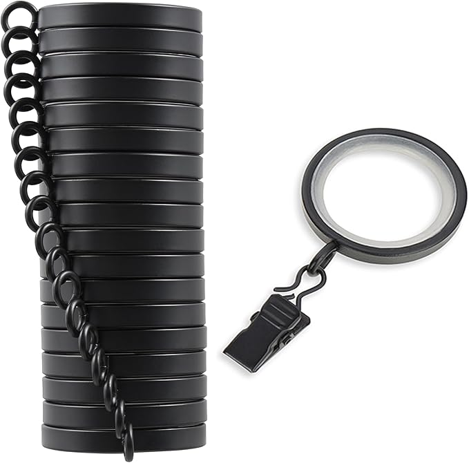 MODE Cambria Designer Series - Premium Easy Glide 18 Count Small Curtain Rings - Metal with Nylon Inserts and Clips - 1 inch Diameter - use for rods 5/8" or Smaller - Satin Black Finish