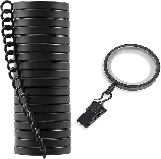 MODE Cambria Designer Series - Premium Easy Glide 18 Count Small Curtain Rings - Metal with Nylon Inserts and Clips - 1 inch Diameter - use for rods 5/8" or Smaller - Satin Black Finish