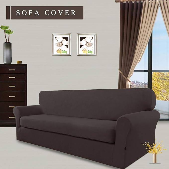 Easy-Going 2 Pieces Microfiber Stretch Sofa Slipcover – Spandex Soft Fitted Sofa Couch Cover, Washable Furniture Protector with Elastic Bottom Kids,Pet (Oversized Sofa, Chocolate