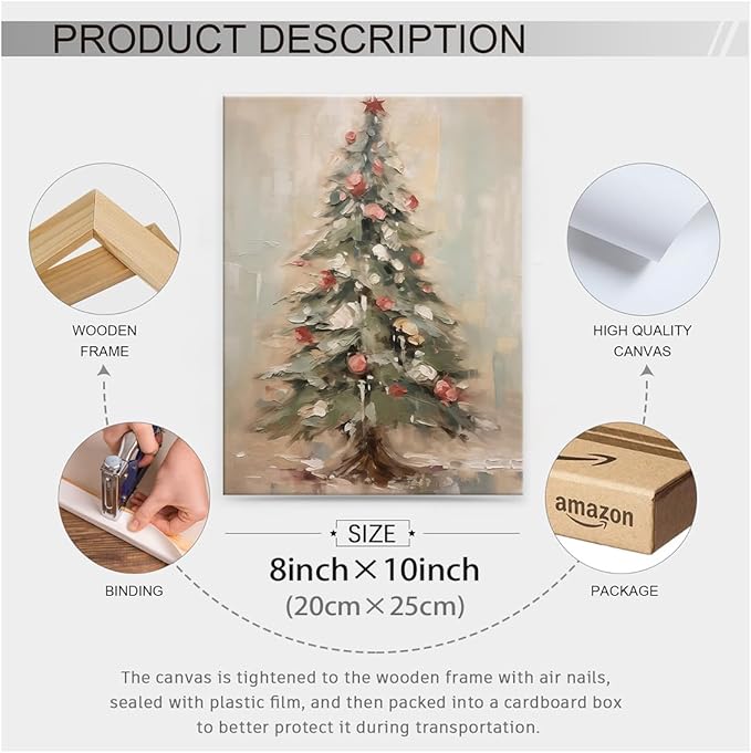 Winter Christmas Tree Wall Art Vintage Nature Botanical Pine Poster 08x10 inch Framed Forest Cottagecore Canvas Painting Prints for Living Room Office Wall Decor
