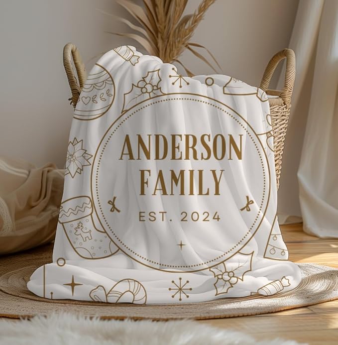 Elegant Gold Line Art Holiday Throw Blanket with Ornaments & Custom Name, Personalized Family Christmas Blanket