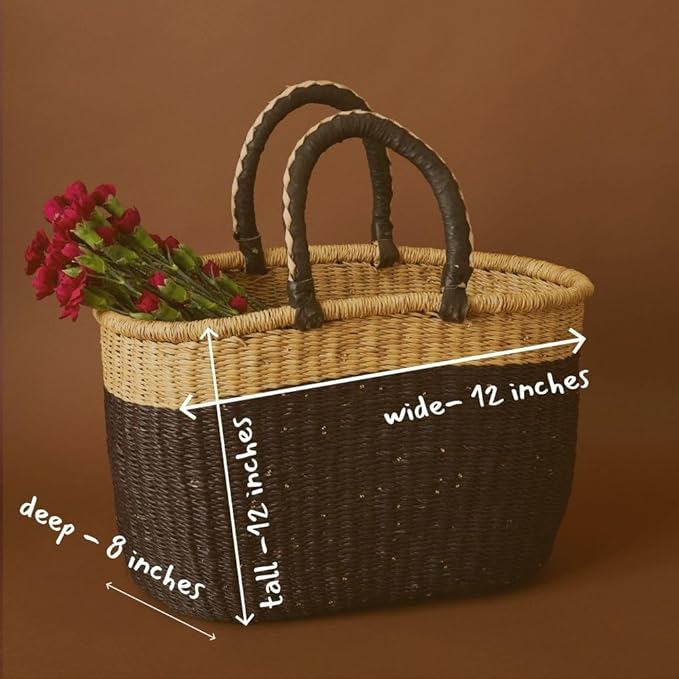 Black Block Picnic Basket, Reusable Grocery Bag, Farmers Market Tote, Shopping, Fruit Picking, Harvesting, Foraging, Kitchen Countertop, Decorative, Wicker, Woven