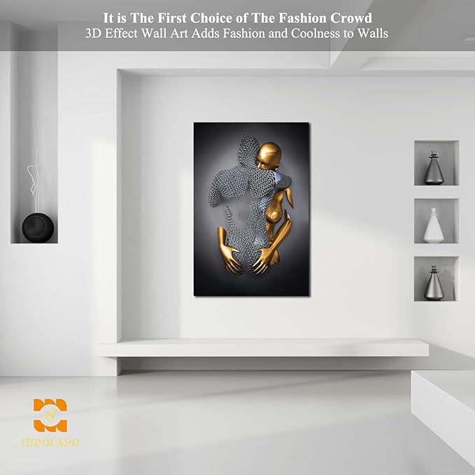 3D Metal Effect Wall Art - 3D Metal Canvas Art, 3D Metal Canvas Art 3D Canvas Art Wall Decor for Modern Living Room, Framed Romantic Couple Living Room Canvas Wall Art 32”x48”x1Pcs
