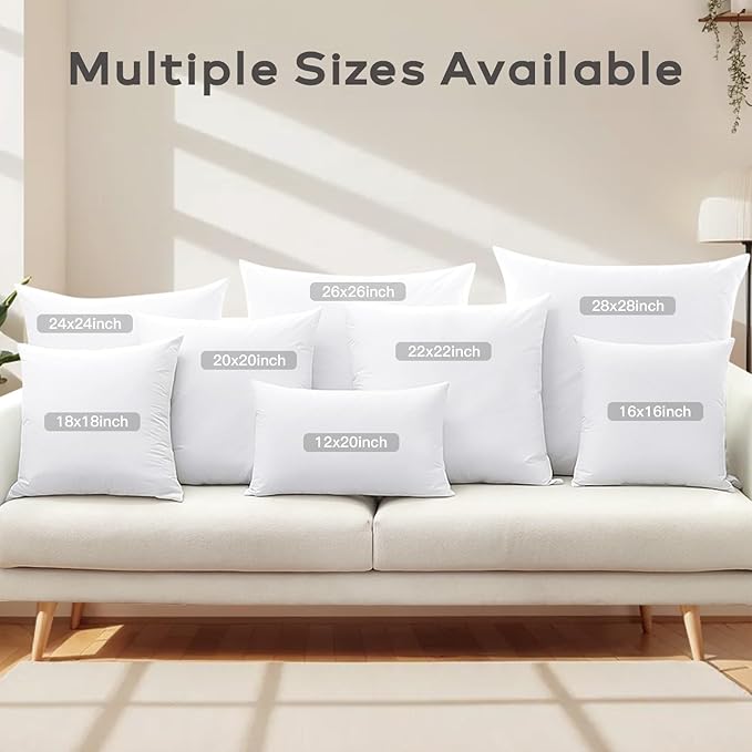 SAVORI Set of 2 Down and Feather Throw Pillow Inserts 18x18 Soft Fluffy Pillow Inserts with 100% Down-Proof Cotton Cover, Decorative Square Cushion Inner for Sofa Couch Bed-White