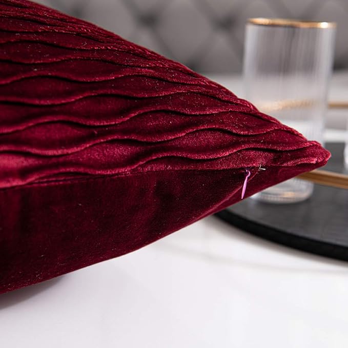 Burgundy Throw Pillow Covers: 2 Pack 24x24 Inch Original Striped Velvet Square Decorative Pillow Cases for Farmhouse Couch