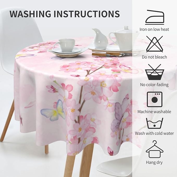 Cherry Blossom Tablecloth, Watercolor Pink Floral Butterfly Seasonal Farmhouse Water Resisitant Wipeable Table Cover for Dining Kitchen Living Room Home Party Holiday Decor 70 inch Round