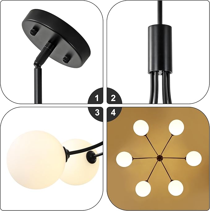Black Sputnik Chandelier,6-Light Modern Mid Century for Dining Room Light Fixtures Over Table,Adjustable Hanging Ceiling Light Fixture with Globe Glass Shades for Kitchen Island Living Room Bedroom