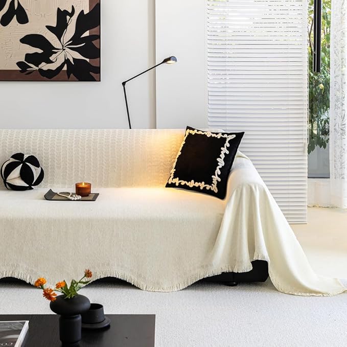 ROOMLIFE Boho White Couch Cover for Dogs, Washable Non Slip Furniture Protector Couch Sofa Covers for 3 Cushion Couch, Soft Chenille Couch Cover Throw Blanket with Tassels 71''X118''