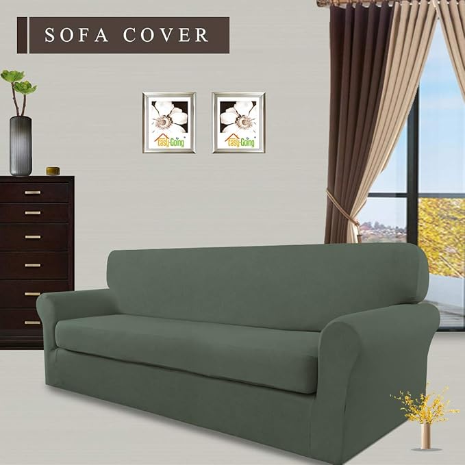 Easy-Going 2 Pieces Microfiber Stretch Sofa Slipcover – Spandex Soft Fitted Sofa Couch Cover, Washable Furniture Protector with Elastic Bottom Kids,Pet (Oversized Sofa, Greyish Green)