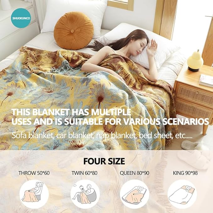 Boho Cotton Throw Blankets for Bed Couch, 100% Soft Cozy Cotton Blanket Rustic Quilt 60"x80", Reversible Muslin Farmhouse Blankets for Armchair,Picnic,Sofa,Couch
