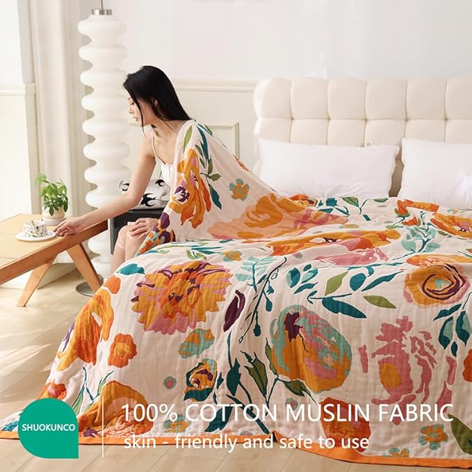 Boho Throw Blanket for Bed 100% Cotton Ultra Soft Rustic Quilt Fall Blanket Bird Floral Printed Farmhouse Decor Bed Blankets,80"×90" All Season Rustic Throw for Sofa Couch Chair