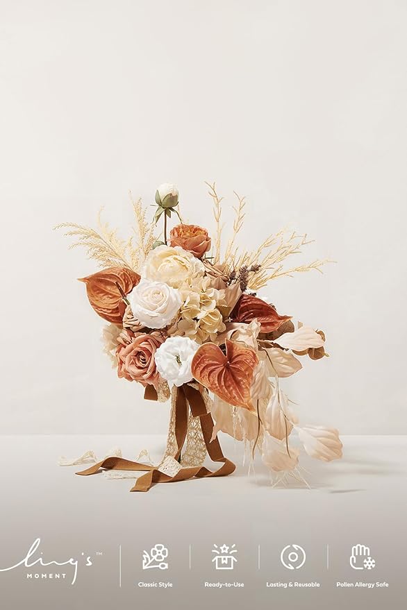 Ling's moment Boho Bridal Bouquet Cascading, Rustic Wedding Bouquets for Bride, 15 Inch Silk Fall Artificial Wedding Flower Bouquet