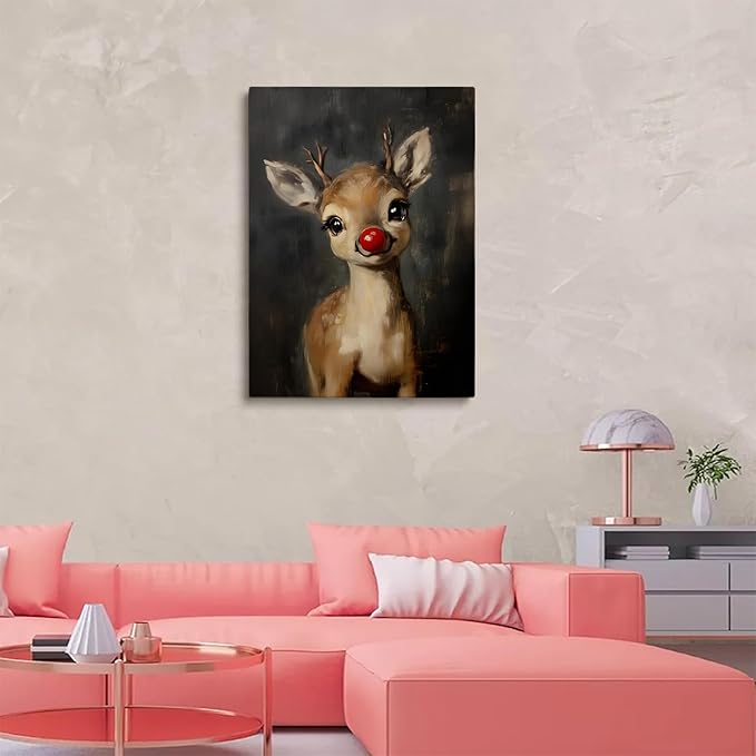 Christmas Red Nosed Reindeer Wall Art Prints,Cute Rudolph Reindeer Painting,Whimsical Baby Reindeer Canvas Prints,Moody Vintage Rudolph Poster,Rustic Christmas Nursery Home Decor