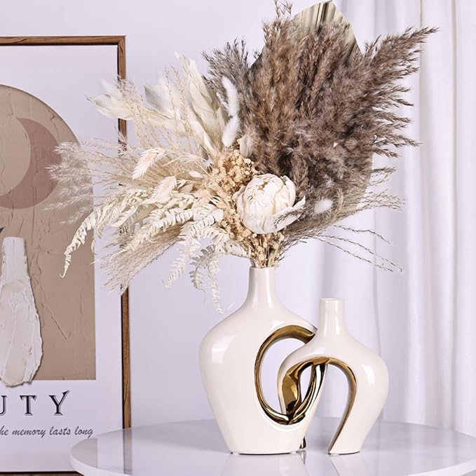 White and Gold Ceramic Vase Set of 2 - Nordic Boho Minimalist Design for Home Decor, Modern Donut & Hollow Style for Living Dining Room, Bedroom, Office - Decorative Pampas Grass &Flower Centerpiece