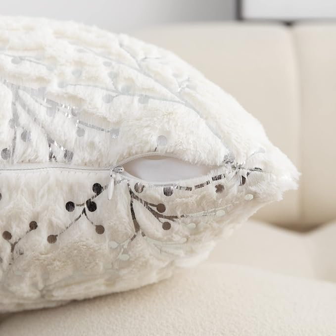 LIGICKY Set of 2 Fluffy White Faux Fur Pillow Covers Silver Branches Glitter Throw Pillows Decorative Soft Furry Sparkling Square Cushion Cases for Sofa Bedroom Party Fall Autumn Décor 20x20inch