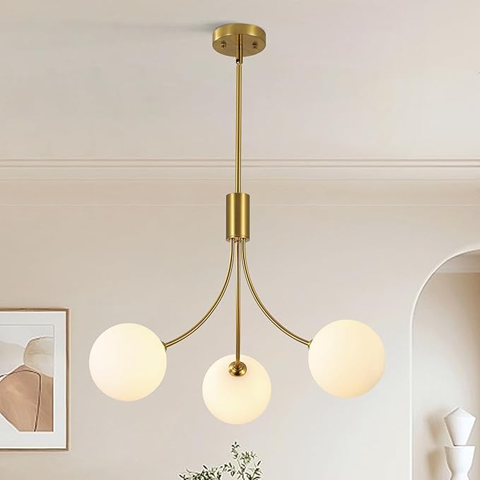 3-Light Gold Sputnik Chandeliers for Dining Room Light Fixture, Mid Century Hanging Modern Chandelier for Kitchen Island Foyer Entryway, Milk White Globe Glass Shade