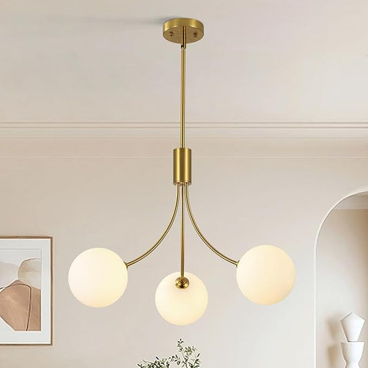 3-Light Gold Sputnik Chandeliers for Dining Room Light Fixture, Mid Century Hanging Modern Chandelier for Kitchen Island Foyer Entryway, Milk White Globe Glass Shade