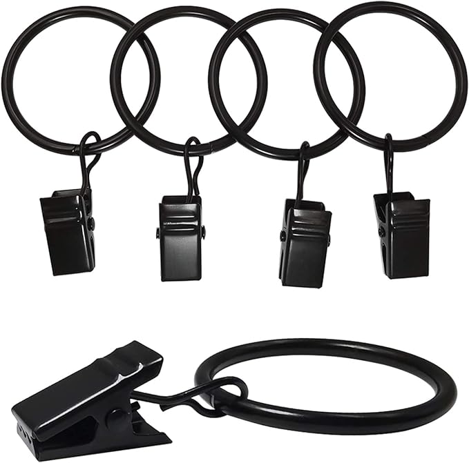90 Pack Curtain Rings with Clips, Drapery Clips with Rings, Drapes Rings 1.26 in Interior Diameter, Fits up to 1 in Curtain Rod, Black