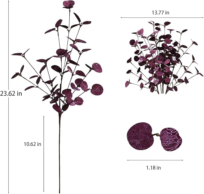 4PCS 24" Purple Artificial Eucalyptus Stems – Metallic Faux Eucalyptus Leaves for Halloween Decor, Fall Vase Arrangement & Christmas Home Decoration