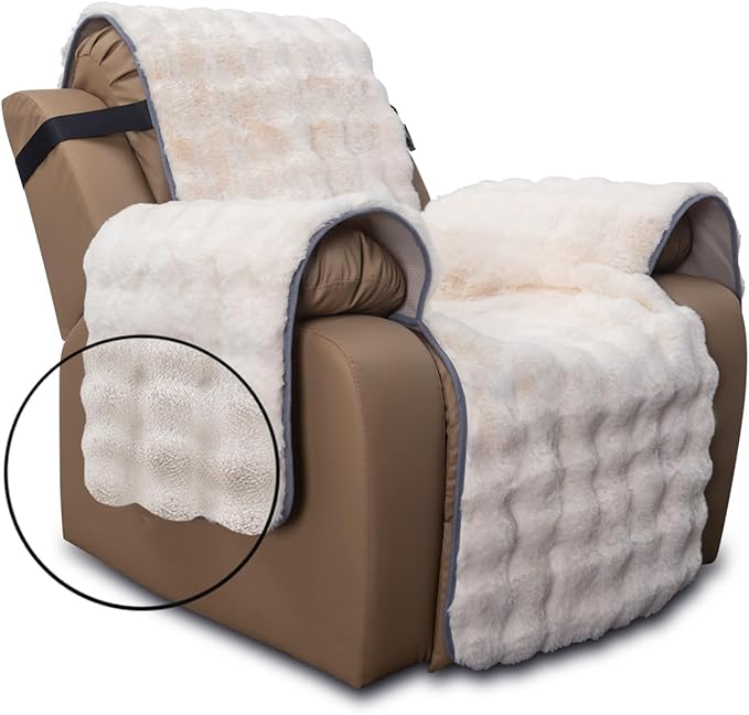 Plush and Fuzzy Shaggy Couch Cover, Dog Pad Faux Fur Sofa Cover, Water Resistant Slipcover, Non-Slip Furniture Protector for Kids,Dogs,Cats.(White-Bubble, Large Recliner)