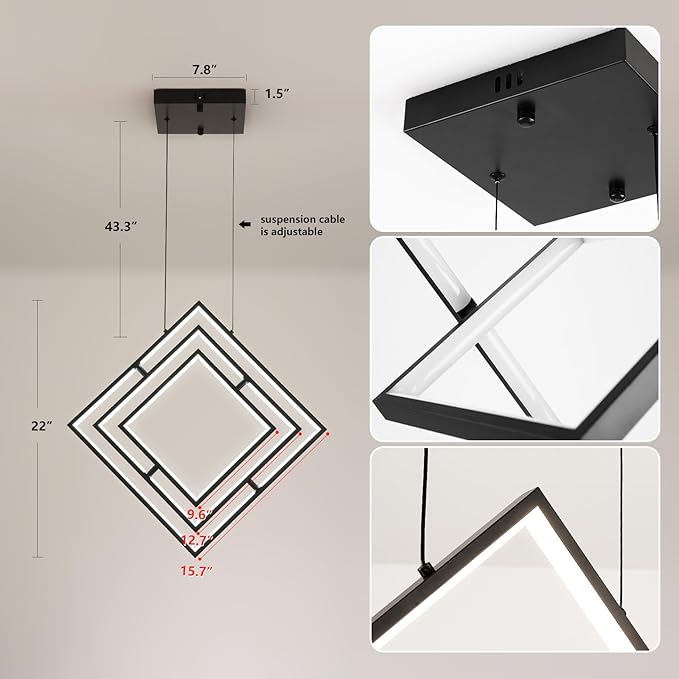 Modern LED Black Square Chandelier Geometric Chandeliers LED Dimmable Hanging Pendant Light Contemporary Creative DIY Height Adjustable Lighting for Entryway Dining Room 3000-6000k