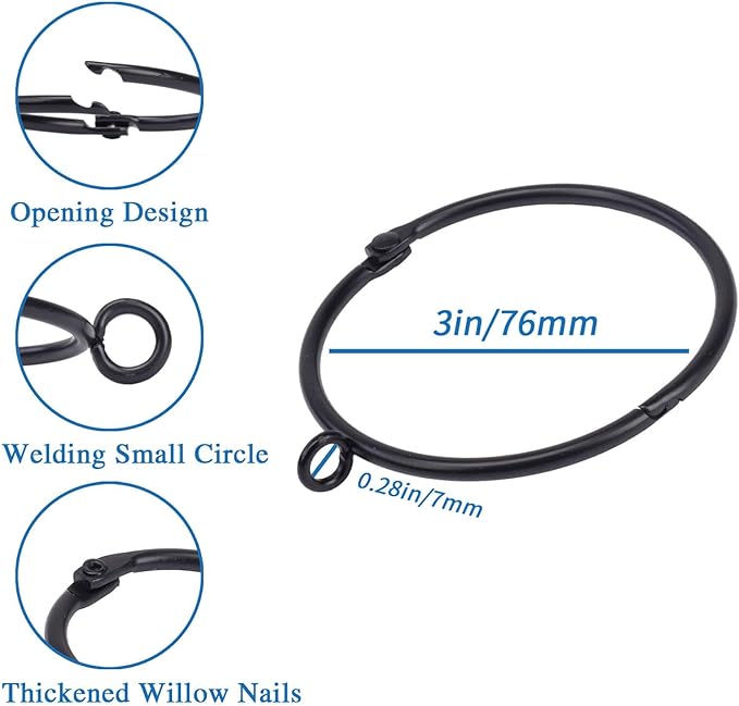 Openable Curtain Rings with Eyelet,24PCS Black Curtain Rings,Drapes Rings 3 in Interior Diameter,Hinge Snap-Joint Design, Fits Curtain Rods Up to 2 Inches TXZWJZ