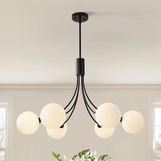 Black Sputnik Chandelier,6-Light Modern Mid Century for Dining Room Light Fixtures Over Table,Adjustable Hanging Ceiling Light Fixture with Globe Glass Shades for Kitchen Island Living Room Bedroom