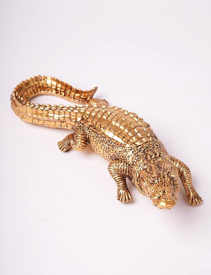 HAUCOZE Crocodile Sculpture Statue Animal Figurine Geometric Decor Polyresin Gold 14 inch