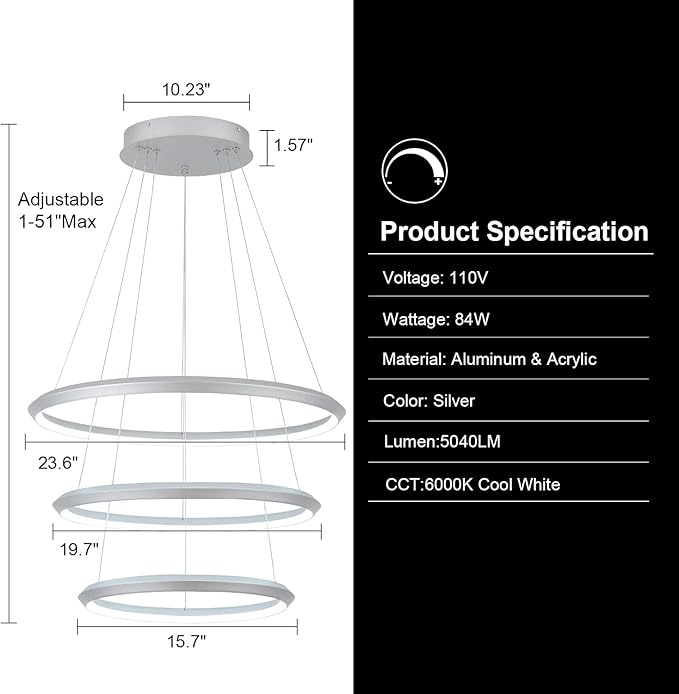 Modern LED Chandelier Room Decor 3 Ring Circular Chandelier Dimmable 23.6”Round Pendant Light Contemporary for Dining Living Room Foyer Bedroom 6000K Silver 5040lm