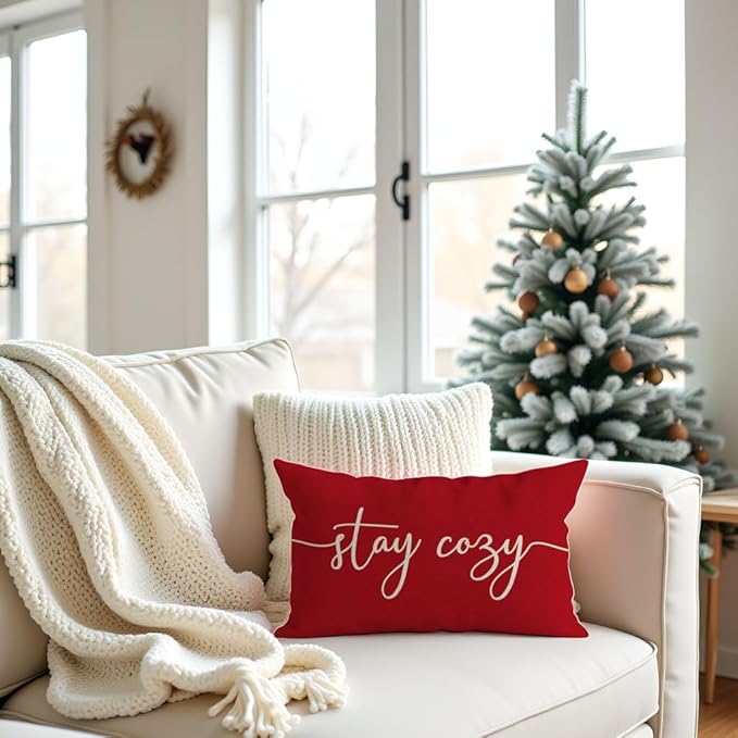PANDICORN Red Pillow Cover 12x20 Inch, Stay Cozy Holiday Lumbar Decorative Cushion Case for Sofa Couch Bed, Christmas Farmhouse Decor for Living Room or Entryway Decorations
