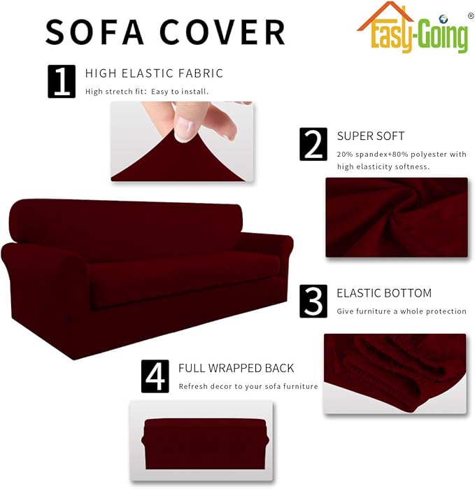 Easy-Going 2 Pieces Microfiber Stretch Sofa Slipcover – Spandex Soft Fitted Sofa Couch Cover, Washable Furniture Protector with Elastic Bottom Kids,Pet (Oversized Sofa, Wine