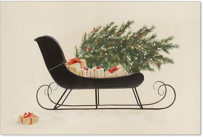 Winter Holiday Sleigh Canvas Wall Art Vintage Christmas Tree Poster Retro Botanical Pine Tree Sketch Painting Prints for Living Room Bedroom Wall Decor 24x36 inch Unframed