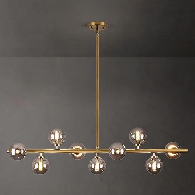 Mid Century Modern Globe Sputnik Chandelier, 9-Light Linear Chandeliers for Dining Room and Kitchen Island, Dining Light Fixture Over Table, Brass Gold and Smoke Grey Glass Bubble, 40 Inch