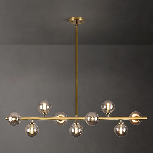 Mid Century Modern Globe Sputnik Chandelier, 9-Light Linear Chandeliers for Dining Room and Kitchen Island, Dining Light Fixture Over Table, Brass Gold and Smoke Grey Glass Bubble, 40 Inch