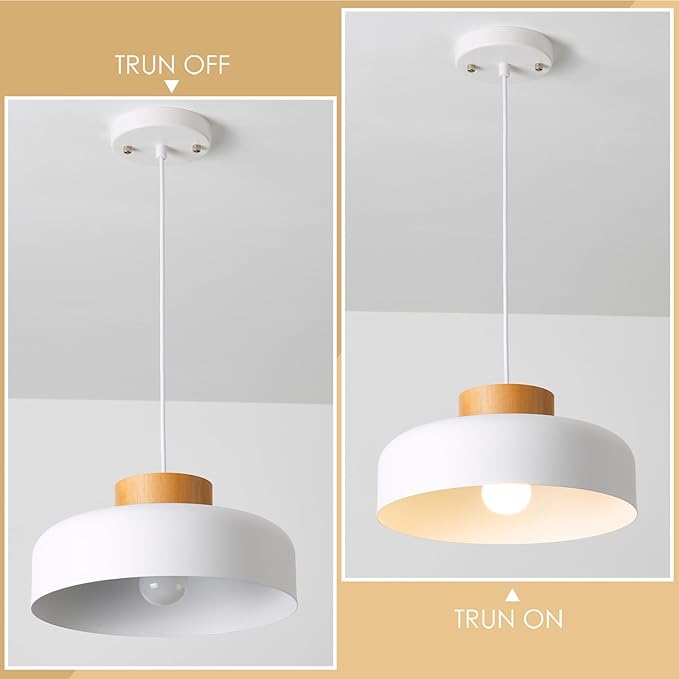 Modern Pendant Light,12.6 inch,Real Wood Cap,Small Pendant Lighting for Kitchen Island,Dining Room,Matte White