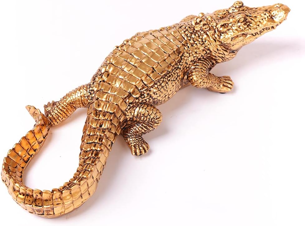 HAUCOZE Crocodile Sculpture Statue Animal Figurine Geometric Decor Polyresin Gold 14 inch