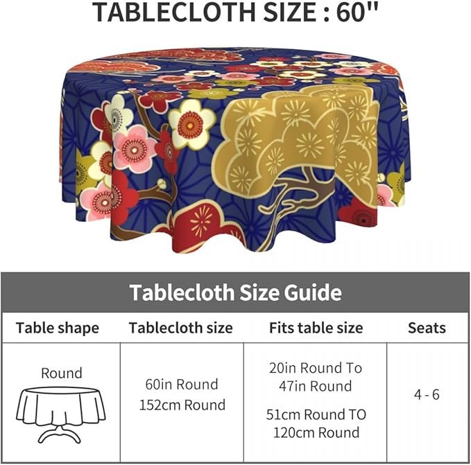 Cherry Blossom Tablecloth, Pink Floral Traditioanal Oriental Koi Vintage Asian Style Water Resisitant Wipeable Table Cover for Dining Kitchen Living Room Home Party Holiday Decor 70 inch Round