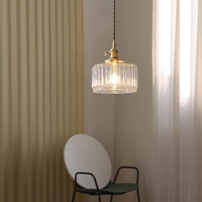 Vintage Pendant Light Fixtures, Brass Socket with ON/Off Switch and Green Glass Lamp Shade Pendant Light for Kitchen Island Farmhouse Living Room (Transparent,Striped)