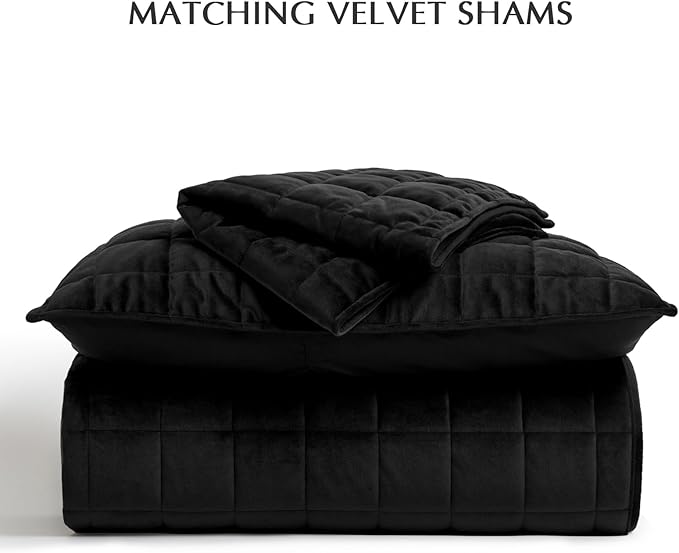 EVERGRACE Pearl Velvet Quilt King Size Bedding Sets, Luxurious Soft Velvet Comforter Set, Lightweight Box Stitching Oversized Bedspread Coverlet for All Season, with 2 Shams, Black