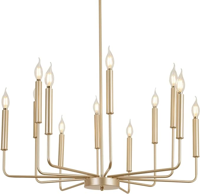 Modern Farmhouse Gold Chandelier, 12-Light Rustic Candle Chandelier, Industrial Hanging Chandeliers for Dining Room, Kitchen, Foyer, Entryway, Living Room