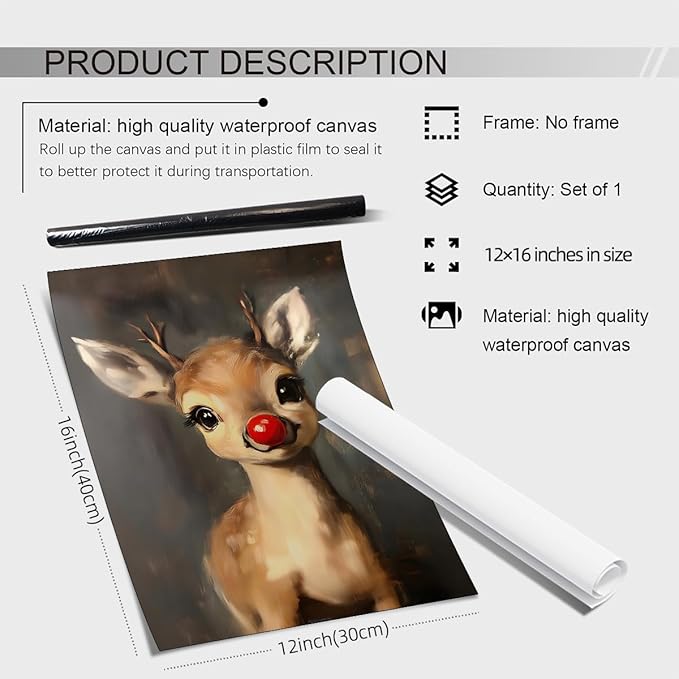 Christmas Reindeer Wall Art Winter Cute Whimsical Animal Canvas Poster Vintage Red Nose Deer Painting Prints for Rustic Living Room Bedroom Wall Decor 12x16 inch Unframed
