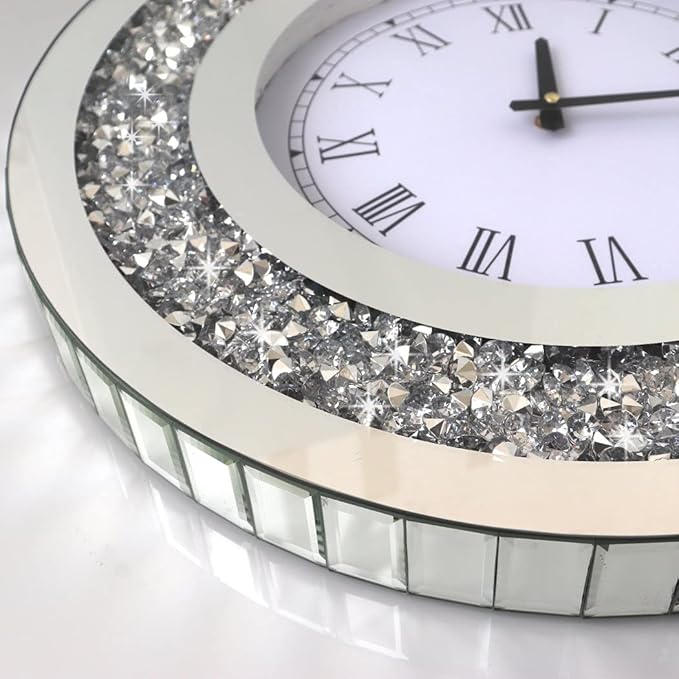 DMDFIRST Silver Round Mirror Clock 20x20inches Crystal Sparkle Twinkle Bling Crush Diamond Mirrored Large Wall Clock for Wall Decoration Silver Glass Mirror Home Décor. AA Battery is not Included.