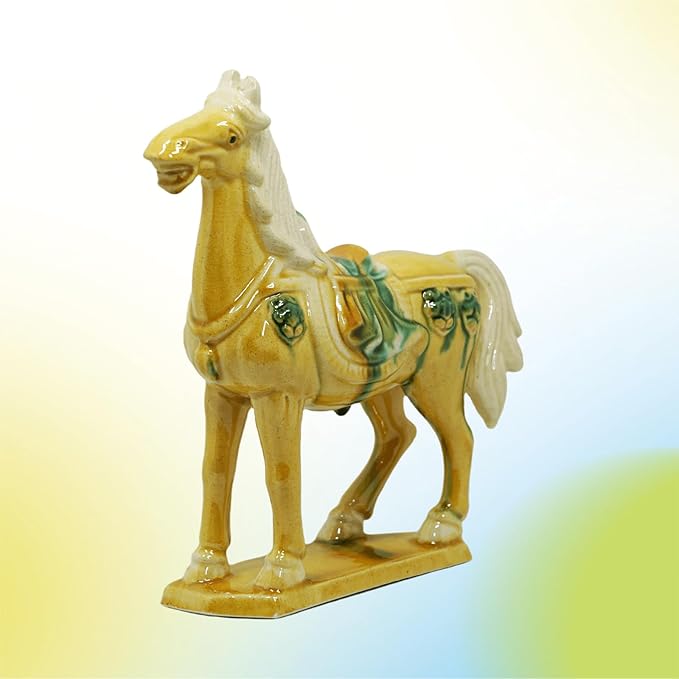 Handmade -Tang Dynasty Tri-Color Horse Sculpture Ceramic Horse-19cm Cultural Art Piece for Home,Bookcase or Office Decor (Yellow)