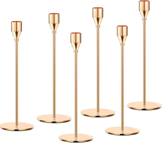 French Gold Taper Candle Holders,Set of 6 Tall Taper Candlestick fit for 3/4" Thick Pillar Candle&Led Modern Metal Candle Stands Decorative Table Centerpieces for Dinning Party Church,Decorative
