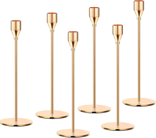 French Gold Taper Candle Holders,Set of 6 Tall Taper Candlestick fit for 3/4" Thick Pillar Candle&Led Modern Metal Candle Stands Decorative Table Centerpieces for Dinning Party Church,Decorative