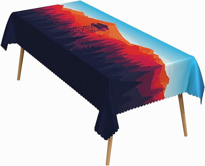 54x108 Inch Nature Rectangular Tablecloth Afterglow Sentry Tower Illustration Table Cloth Waterproof Durable Table Cover for Picnic Indoor Gaming Room Decor