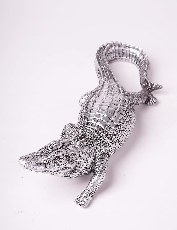 HAUCOZE Crocodile Sculpture Statue Animal Figurine Geometric Decor Polyresin Silver 14 inch