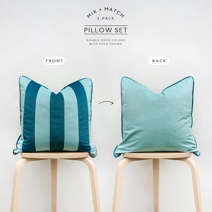 MONDAY MOOSE Decorative Throw Pillow Covers Cushion Cases, Set of 2 Soft Velvet Striped Piping Edge Designs, Pillow Inserts Not Included (Blue/Light Blue, 20x20 inch)
