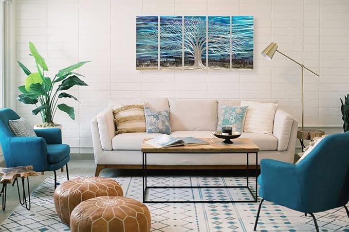 RICHSPACE ARTS 3D Blue Abstract Metal Wall Art Bright Silver Tree Metallic Artwork on Aluminum for Living Room Large Modern Sculpture Decor for Bedroom Entryway