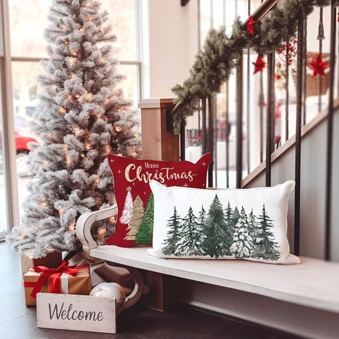 Christmas Pillow Cover 12X20 Colorlife Christmas Tree Lumbar Pillow Cover Holiday Decorations Throw Pillow Covers Farmhouse Pillows Decorative for Sofa Winter Home Decor